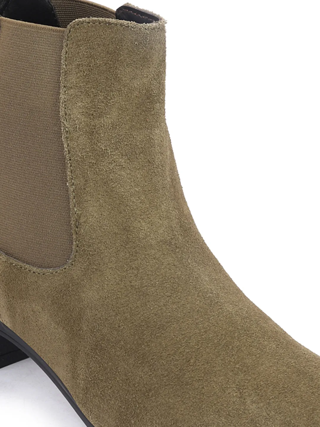 Women Olive Flared Heel High Ankle Suede Leather Classic Winter Chelsea Boots