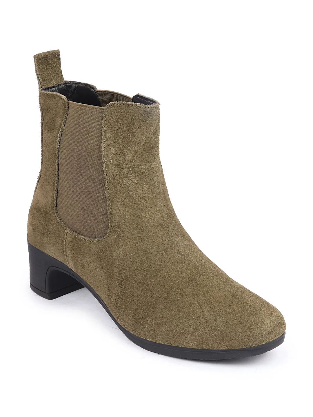 Women Olive Flared Heel High Ankle Suede Leather Classic Winter Chelsea Boots