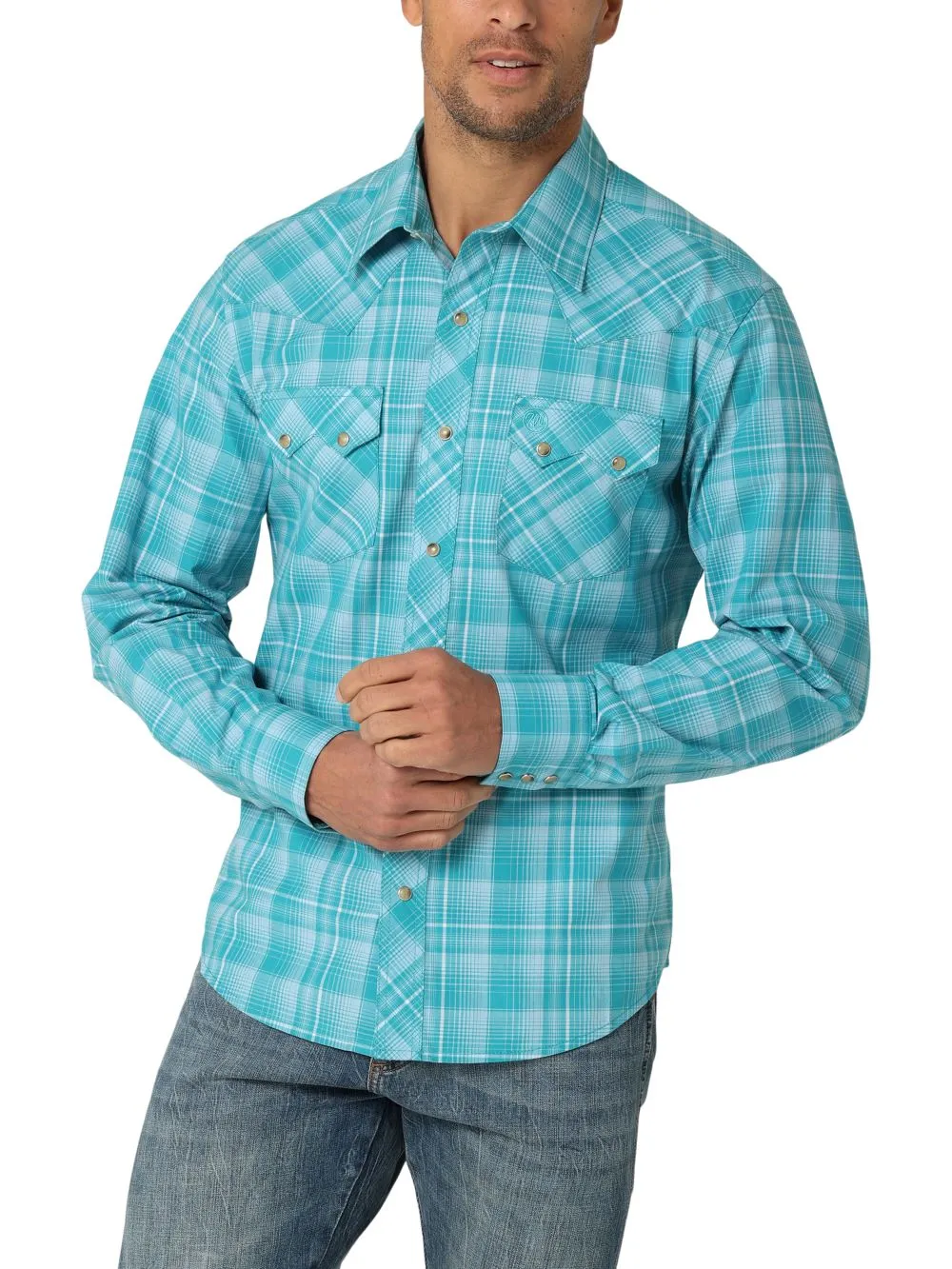 'Wrangler' Men's Retro Plaid Classic Fit Snap Front - Teal