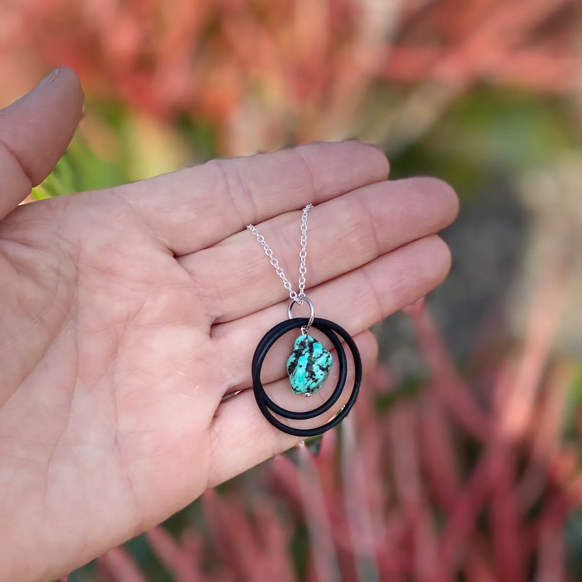 Zero Waste Necklace with Upcycled Scuba Gear O-rings and Turquoise