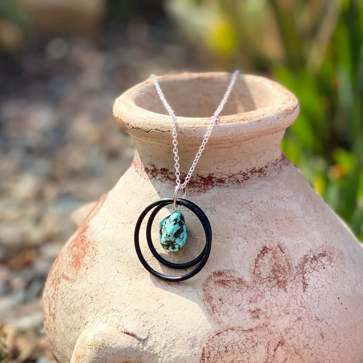 Zero Waste Necklace with Upcycled Scuba Gear O-rings and Turquoise